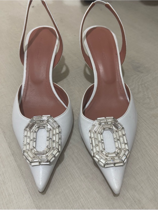 Amina Muaddi Shoes - Amina Muaddi White Pointed Slingback Flats with Crystal Buckle